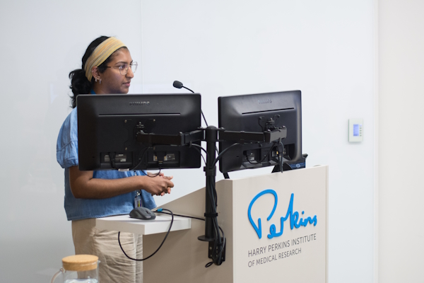 Image: NCARD Honours Student Enaara giving her 3 Minute Thesis presentation.