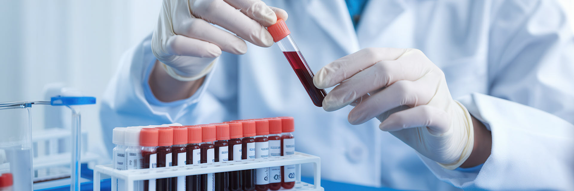 Scientist conducting blood test with test tubes and gloves. Generated with AI.